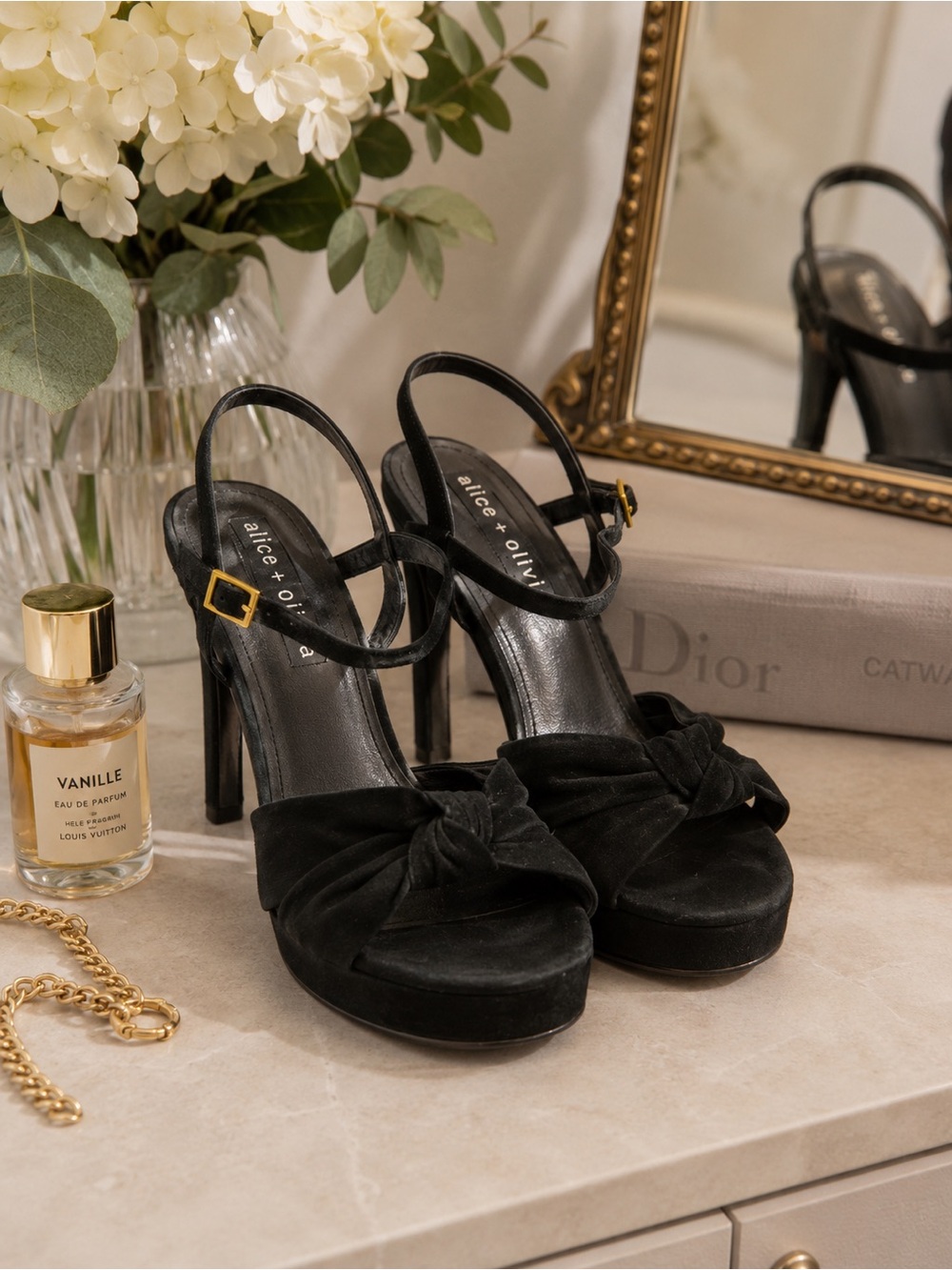 Alice + Olivia Black Suede Knotted Platform High Heel Sandals